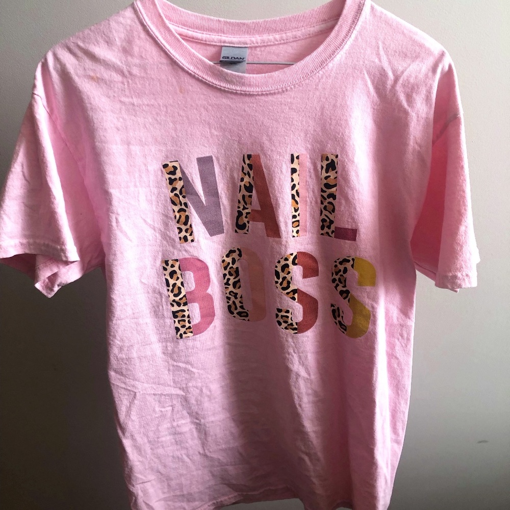 Pink and cheetah print nail boss t-shirt.